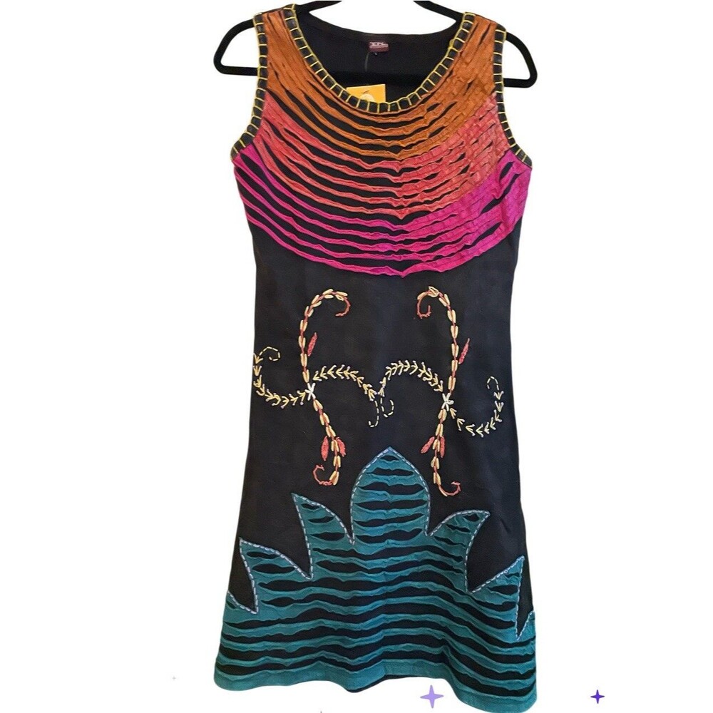 Nepal KPC XXL Women's Embroidered Kantha Dress Boho- Hippie Stretch NEW